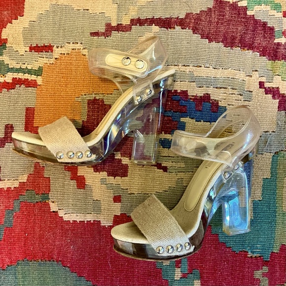 PRADA SP10 Clear PVC Platform Heels Beige Burlap Raffia Strap, sz 38.5 - Picture 4 of 13